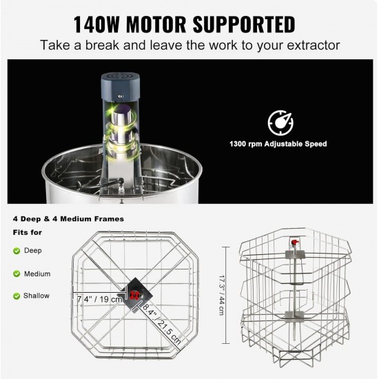 Electric Honey Extractor, 4/8 Frame Stainless Steel Beekeeping Extraction, Honeycomb Drum Spinner with Transparent Lid, Apiary Centrifuge Equipment with Height Adjustable Stand, Silver