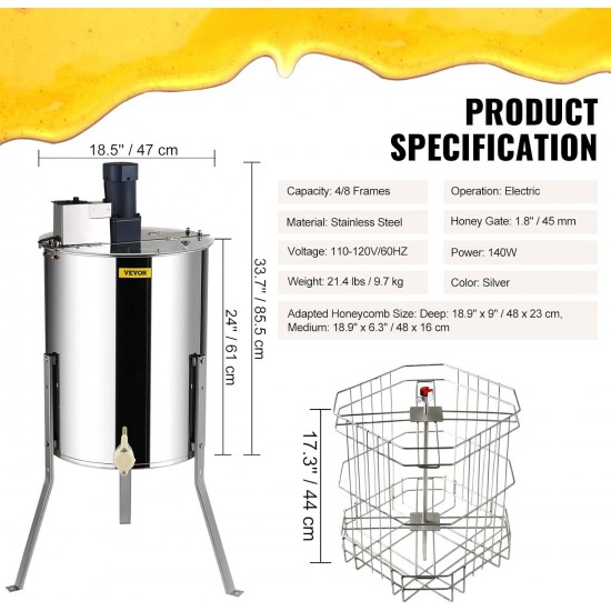 Electric Honey Extractor, 4/8 Frame Stainless Steel Beekeeping Extraction, Honeycomb Drum Spinner with Transparent Lid, Apiary Centrifuge Equipment with Height Adjustable Stand, Silver