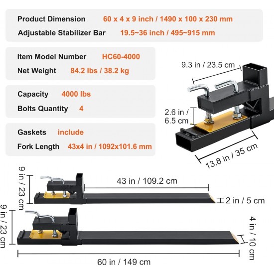 60 4000lbs Clamp on Pallet Forks for Skid Steer Kubota Tractor or Loader Bucket, Black