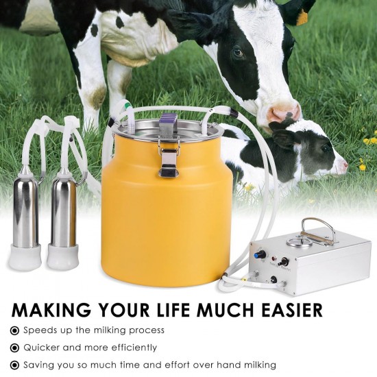 8L Cow Milking Machine Electric Cow Milker Machine Electric Pump Automatic Pulsation Plug-in Electric Milking Machine Vacuum Pump Adjustable with Stainless Steel Bucket (for Cow)