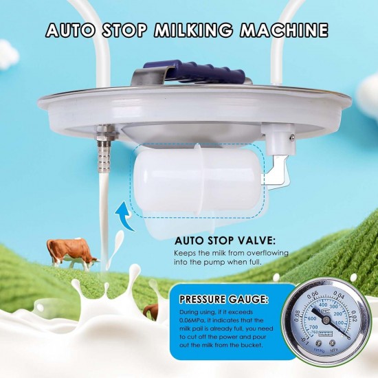 8L Cow Milking Machine Electric Cow Milker Machine Electric Pump Automatic Pulsation Plug-in Electric Milking Machine Vacuum Pump Adjustable with Stainless Steel Bucket (for Cow)