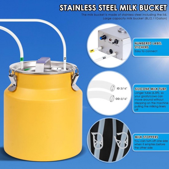 8L Cow Milking Machine Electric Cow Milker Machine Electric Pump Automatic Pulsation Plug-in Electric Milking Machine Vacuum Pump Adjustable with Stainless Steel Bucket (for Cow)