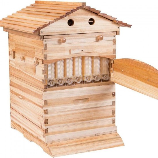 Bee Hives Wooden Beehive Kit Automatic Box with 7 Pieces Frames Auto Honey House for Beginning and Professional Beekeepers