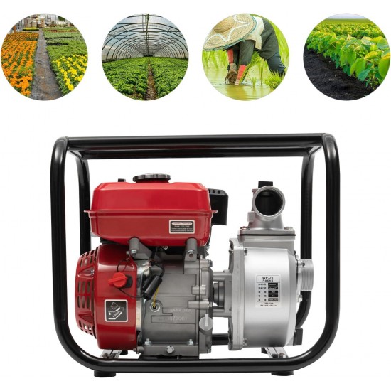 2-inch Gasoline Engine Water Pump, 4stroke 7HP Gas Powered Trash Water Transfer Pump with 25ft Hose, Portable High Pressure for Farmland Watering, Garden Irrigation