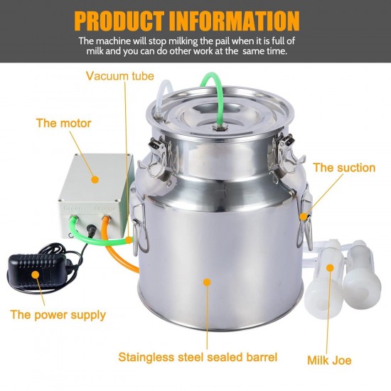 14L Goat Milking Machine, Portable Plug-in Speed Adjustable Pulsating Vacuum Pump, Food Grade 304 Stainless Steel Milk Bucket with Auto Stop Check Valve Goat Milker Machine