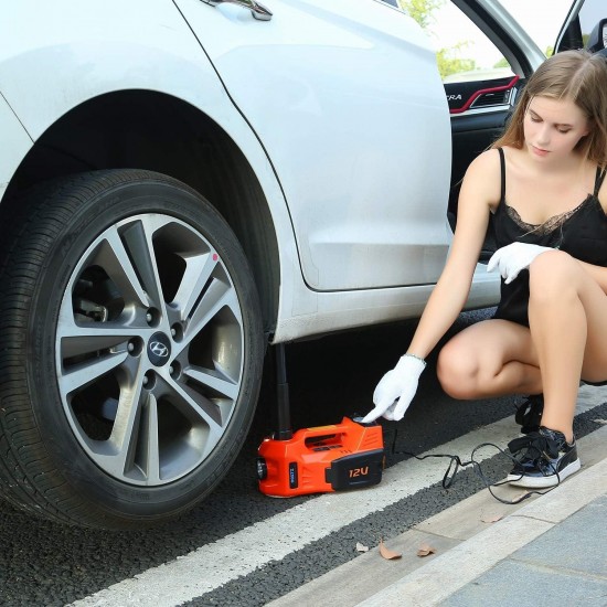 Electric Car Jack 5 Ton 12V Hydraulic Car Jack with Tire Inflator Pump and LED Light, Electric Car Jack Lift Floor Jack for SUV Sedans Tire Change (Red)