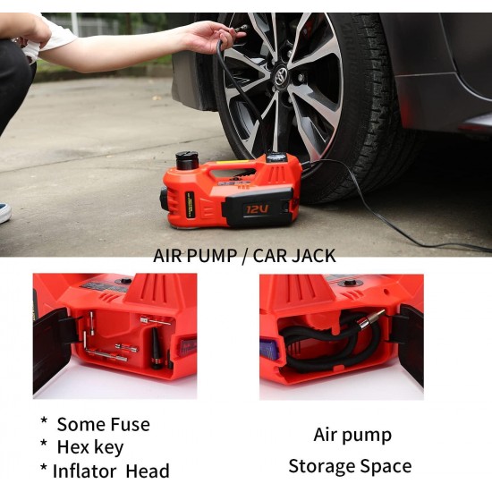 Electric Car Jack 5 Ton 12V Hydraulic Car Jack with Tire Inflator Pump and LED Light, Electric Car Jack Lift Floor Jack for SUV Sedans Tire Change (Red)