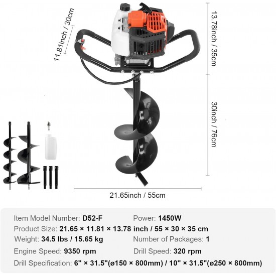 Post Hole Digger, 52cc 1450W Auger Post Hole Digger, Gas Powered Earth Digger with Two Earth Auger Drill Bit 6 & 10 and 3 Extension Rods, for Farmland, Garden and Plant, EPA Certification