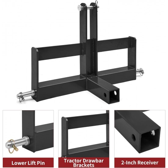 3 Point Hitch Receiver for Category 1, 2 Receiver Tractor Drawbar Attachments with Suitcase Weight Brackets