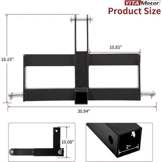 3 Point Hitch Receiver for Category 1, 2 Receiver Tractor Drawbar Attachments with Suitcase Weight Brackets