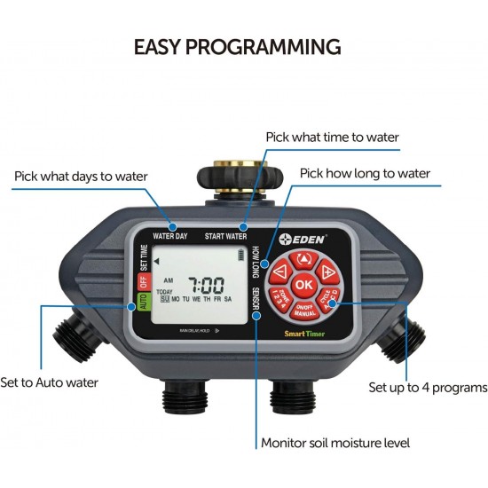 Programmable Digital Water Timer 4-Zone, Compatible with Wireless Soil Moisture Sensor & Multi-Adjustable Flex Design Above Ground Irrigation Garden Sprinkler System, DIY Plant Watering Set