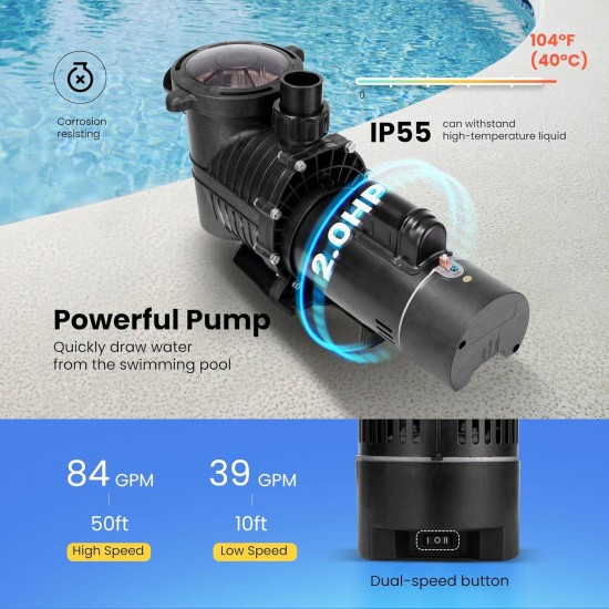 2.0 HP Self Priming In-Ground Swimming Pool Pump Dual Speed 2 1.5 and 1.25'' Inlet/Outlet 230V with Outdoor Smart Plug with 2 Individually Controlled Outlets