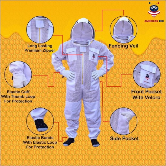 3 Layer Beekeeping Suit With Fancing Veil Sting Proof One Pair Gloves (2XL)