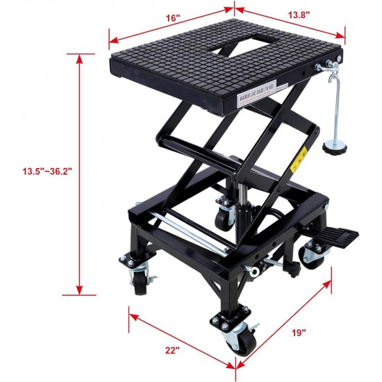 300 lbs Hydraulic Motorcycle Scissor Jack Lift, Small Dirt Bikes ATV Lift Hoist Hydraulic Foot-Operated Stand Lift, 4 Wheels, Black