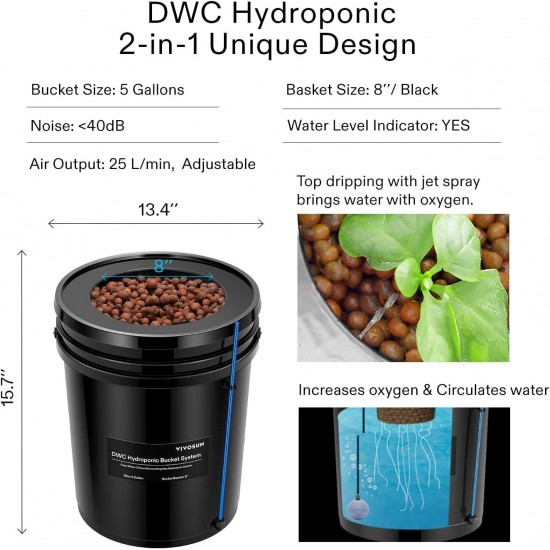 DWC Hydroponics Grow System with Top Drip Kit and Professional Automatic Drip Irrigation Kits, 15W Output, All in One Professional Grow Kit- Includes Pump, Timer and Regulator, 8 Pots Garden P