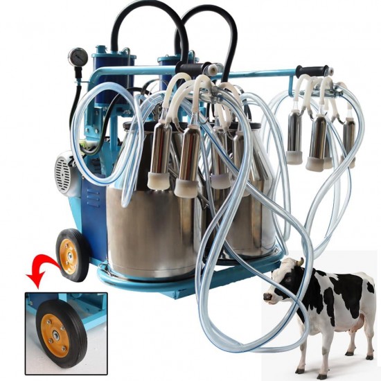 Cow Milking Machine Electric Piston Milking Machine for Cows 25L+25L 304 Stainless Steel Double Buckets for Cattle Milker Machine 20-24Cows/H Cows Milking Equipment 750W