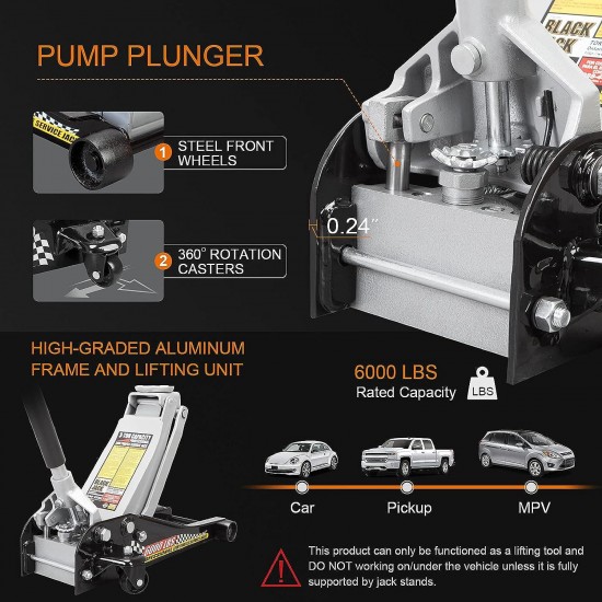 T83505W BlackJack Hydraulic Low Profile Steel Racing Floor Jack with Single Piston Quick Lift Pump, 3 Ton (6,000 lb) Capacity, Black
