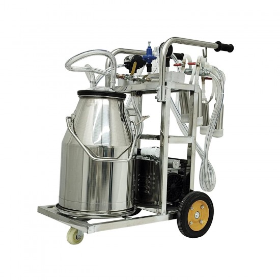 25L Electric Milking Machine Piston Cow and Goat Milker Machine with Regulator Stainless Steel Bucket 3 PCS Cleaning Brush 1440 RPM for Cows and Sheep Miking 110V