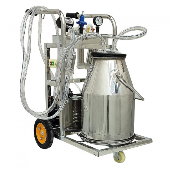 25L Electric Milking Machine Piston Cow and Goat Milker Machine with Regulator Stainless Steel Bucket 3 PCS Cleaning Brush 1440 RPM for Cows and Sheep Miking 110V