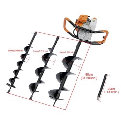 52CC 2 Stroke Earth Auger Post Fence Hole Digger, Gas Powered Earth Auger with 3pcs Ground Drill 4 6 8 Bit & 1 Extension Rod for Fences, Drilling & Planting