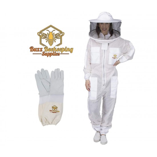 Ventilated Beekeeping Suit & Goatskin Gloves & Bee Family Stickers - YKK Metal Zippers - Men & Women - TOTAL PROTECTION - Self-Supporting Round Veil - Easily Take On & Off - 8 Pockets (Small)