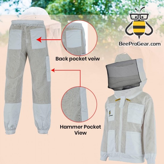 BeeProGear Ultra Ventilated Round Veil Jacket with Trouser White | 3 Layer Mesh Ventilated Beekeeping Trousers | Unisex Polycotton Beekeeper Jacket (X-Large)