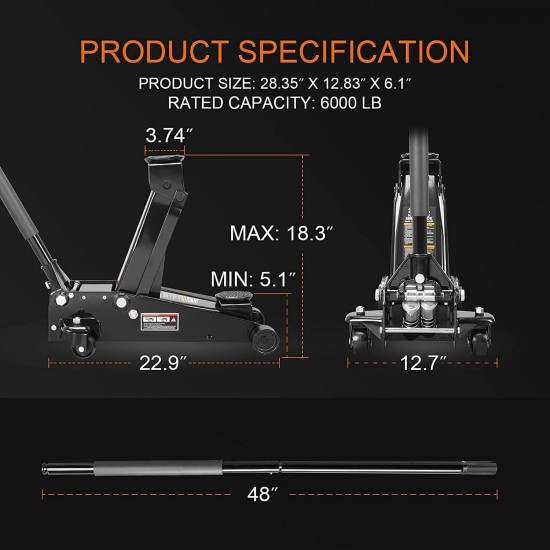 ATZ830023BR Hydraulic Heavy Duty Steel Service/Floor Jack with Dual Piston Quick Lift Pump, 3 Ton (6,000 lb), Black