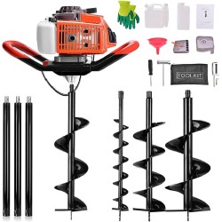 62CC Auger Post Hole Digger, 2 Stroke Gas Powered Earth Post Hole Digger with 3 Auger Drill Bits(5 & 6 & 8) + 3 Extension Rods for Farm Garden Plant