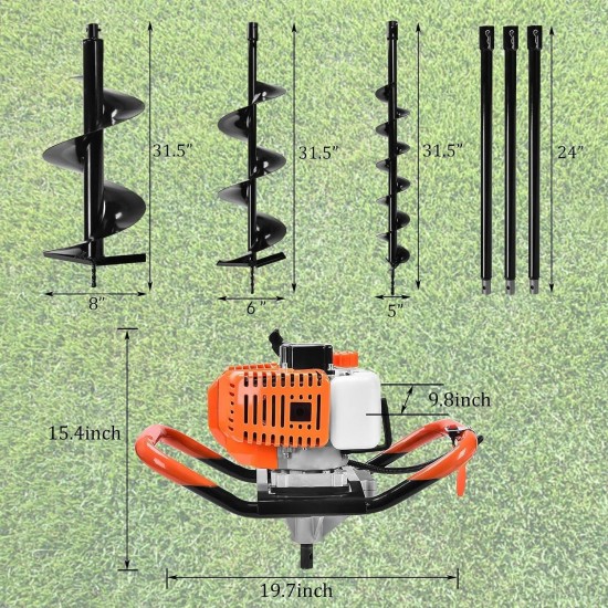 62CC Auger Post Hole Digger, 2 Stroke Gas Powered Earth Post Hole Digger with 3 Auger Drill Bits(5 & 6 & 8) + 3 Extension Rods for Farm Garden Plant