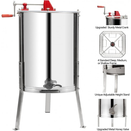 4 Four Frames Manual Crank Honey Extractor #304 Stainless Steel Beekeeping Pro Extraction Equipment Honeycomb Spinner Drum Honey Separator Commercial Honey Centrifuge with Adjustable Stands