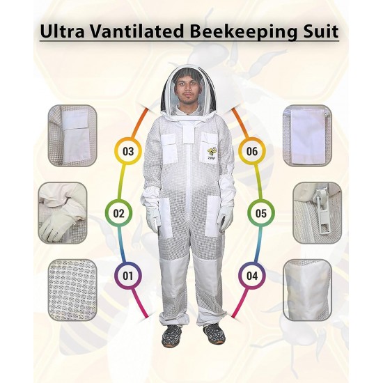 Three Layer Ultra Ventilated Mesh Sting Proof Beekeeper, Beekeeping, Protective Bee Suit with Fencing Veil for Men & Women (XL)