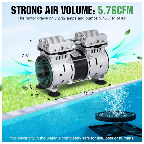 110V Pond aerators for outdoor ponds,5.76CFM for up to 1 acre ponds or lakes. Pump aerator equipped with 2 rupture-proof diffusers and a 100ft pipe. Available year round, For pond and lake oxygenation