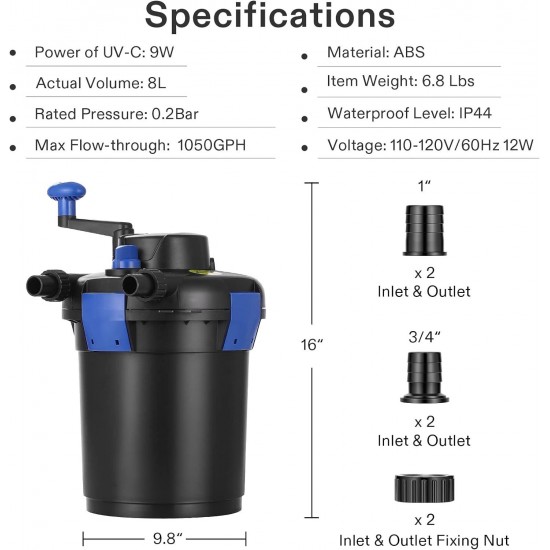 Bio Pressure Pond Filter, up to 1000 Gallons, Pond Filter System with Convenient Cleaning Crank Handle for Garden, Pool, Fishpond, Black