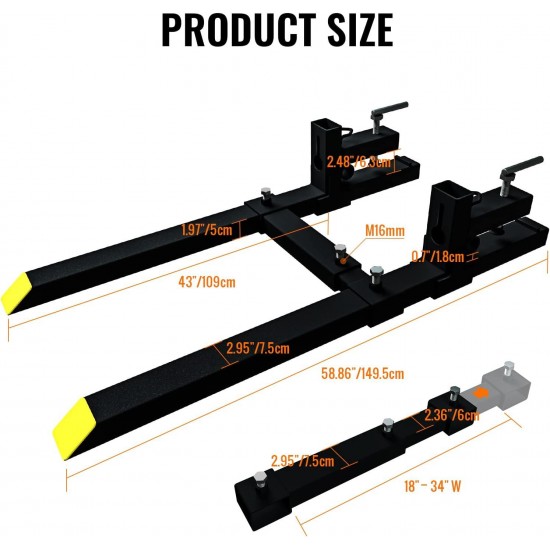 58.86 Clamp on Pallet Forks, 2000lbs Tractor Bucket Forks with Adjustable Stabilizer Bar 18” to 34” W Heavy Duty Pallet Forks for Tractor Loader Bucket or Skid Steer Kubota Tractor