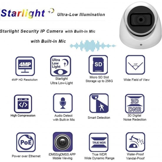 Starlight 4MP IP Camera PoE 2.8mm, Outdoor Turret Security Camera